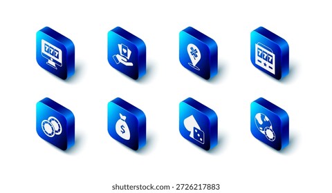 Mano que sostiene las tarjetas de juego, máquina tragamonedas del casino con el trébol, jackpot de la ranura, fichas, dados del juego, bolso del dinero, e icono en línea. Vector