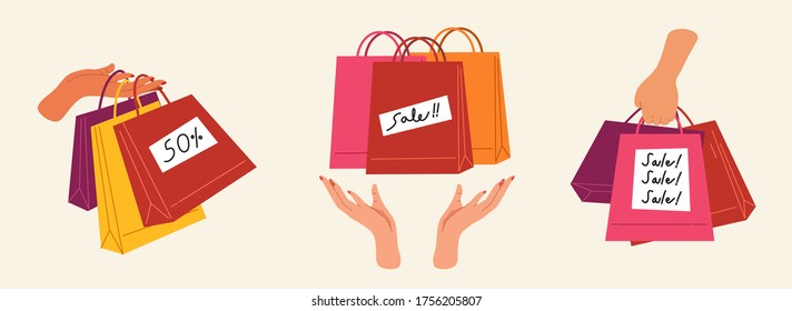 Juego de manos con bolsas de compras. Concepto de promoción de descuentos, ofertas especiales, publicidad, marketing, centro comercial, negocios, venta, precio especial. Bolsos editables. Ilustración vectorial plana