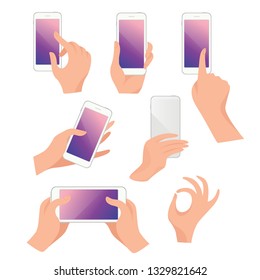 Set of hand holding smart phone and tablet touch computer gadget. Flat style icons. Vector illustration