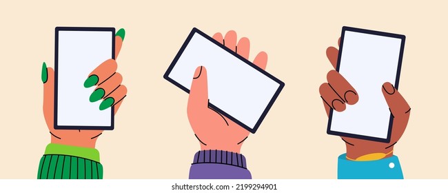 Handgerät, das Smartphone mit weißem Bildschirm hält. Smartphones mit einem leeren Bildschirm. Hände berühren, Smartphone-Bildschirme scrollen, mit Anwendungen.