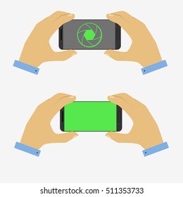 Set of hand holding smart phone making photo. Flat style icons. Vector illustration