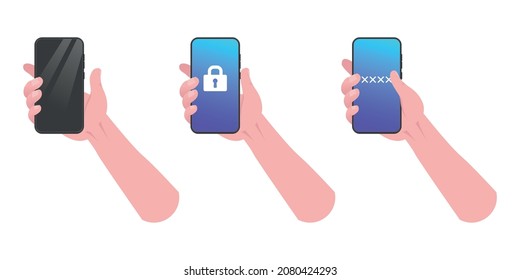 Set of a hand holding smartphone. Security empty screen with password, phone mockup, safety application on touch screen device. Vector illustration.