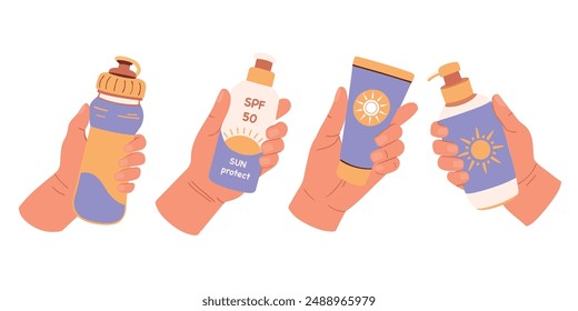 Set of hand holding sunscreen bottle. Sunscreen SPF cream bottles. Sun block and sun protection skin care. Vector illustration in flat style.