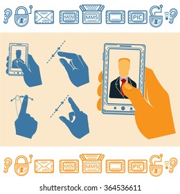 Set of Hand Holding Upright Mobile Phone With Man on Screen. Flat and Line Style Icons