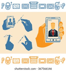 Set of Hand Holding Upright Mobile Phone With Man on Screen. Flat and Line Style Icons