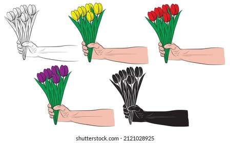 Set of Hand holding vector colorful bouquet for women. Pink tulip flowers present or surprise on human hand vector illustration. March 8. Woman's Day.