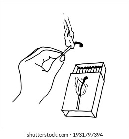 Set. The hand holds a burning match. Open box of matches. Vector illustration drawn by contour in doodle style.