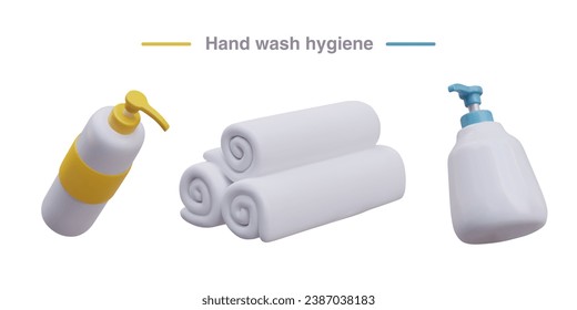 Set for hand hygiene. Plastic pump bottle with liquid soap, towel, cream. Disinfection and skin care of hands. Careful cleaning. Cosmetic packaging mockup, bathroom textiles