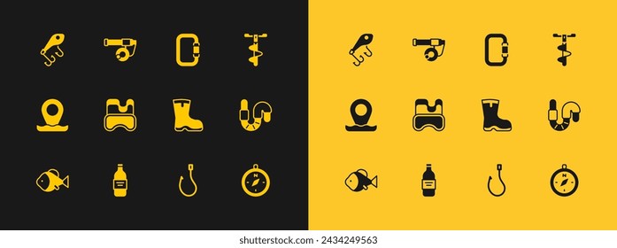 Set Hand ice drill, Bottle of vodka, Fishing boots, hook, Diving mask, Carabiner, lure and rod icon. Vector