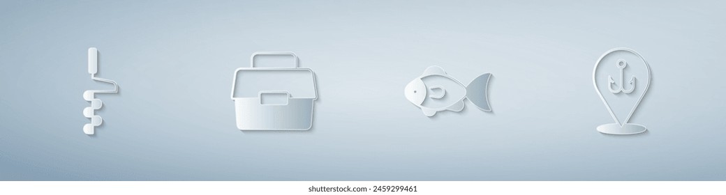 Set Hand ice drill, Case or box for fishing, Fish and Fishing hook. Paper art style. Vector