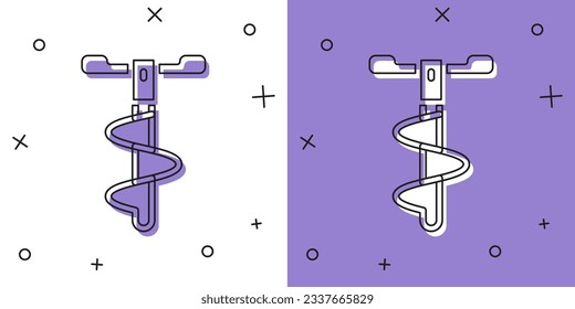 Set Hand ice drill for winter fishing icon isolated on white and purple background.  Vector