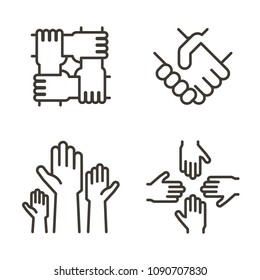 Set Of Hand Icons Representing Partnership, Community, Charity, Teamwork, Business, Friendship And Celebration. Vector Thin Line Icon Design