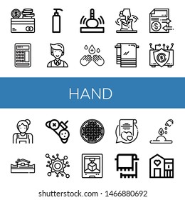 Set of hand icons such as Credit card, Calculator, Gel, Waiter, Massage, Hand sanitizer, Clay, Towel, Document, Insurance, Maid, Flood, Controller, Engineering, Coffee beans , hand