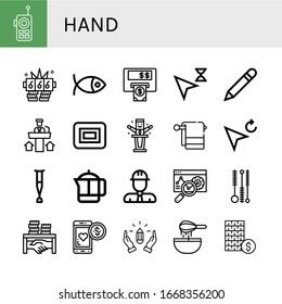 Set von Handsymbolen. wie Walkie-Talkie, Jackpot, Christentum, Atm, Cursor, Pen, Förderung, Seife, Politiker, Handtuch, Crutch, französische Presse, Ingenieur, Web, Reinigung Pinsel, Handsymbole,