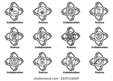 A set of hand icons that represent different concepts such as collaboration