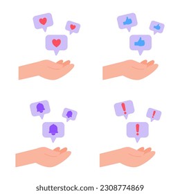 set of hand icons vector illustration with bubble chat and social media icons