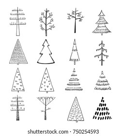 Set of hand illustrated Christmas trees in Doodle style on white background. Every single tree with its own decoration. Perfect collection for greeting cards, backgrounds or wrapping paper designs.
