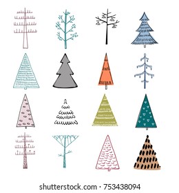 Set of hand illustrated Christmas trees in Doodle style on white background. Every single tree with its own decoration. Perfect collection for greeting cards, backgrounds or wrapping paper designs.
