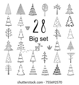 Set of hand illustrated Christmas trees in Doodle style on white background. Every single tree with its own decoration. Perfect collection for greeting cards, backgrounds or wrapping paper designs.