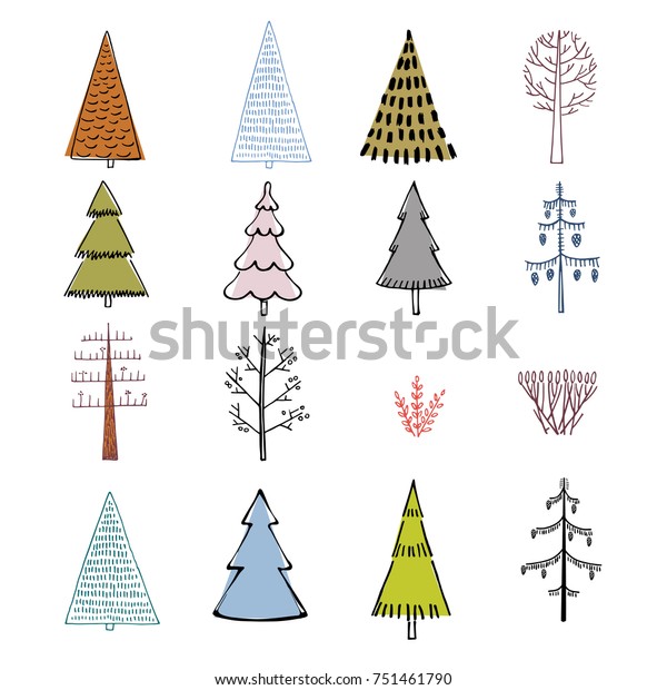 Set Hand Illustrated Christmas Trees Doodle Stock Vector (Royalty Free 