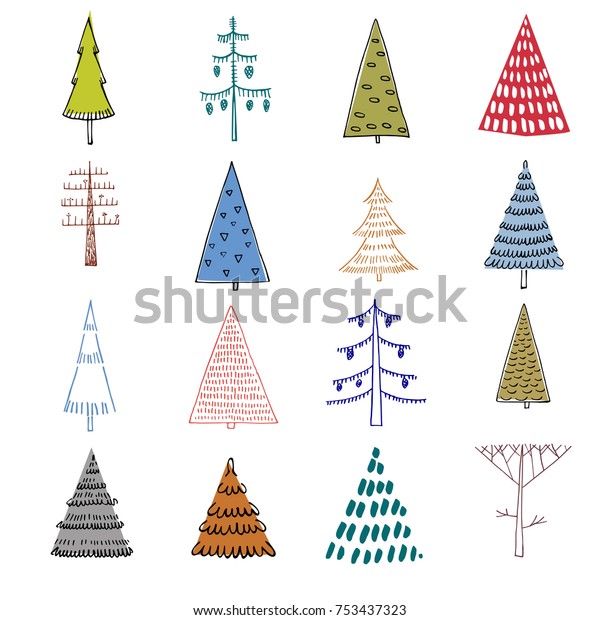 Set Hand Illustrated Christmas Trees Doodle Stock Vector (Royalty Free 