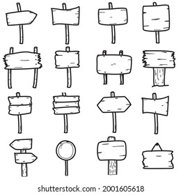 
set of Hand illustration of doodle wooden road signs and arrows