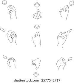A set of hand illustrations. Black and white vector illustrations.