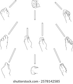 A set of hand illustrations. Black and white vector illustrations.