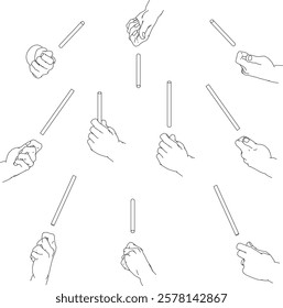 A set of hand illustrations. Black and white vector illustrations.