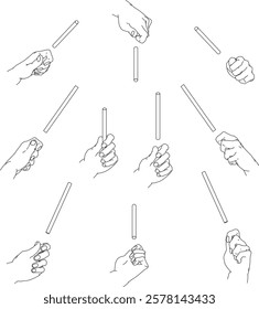 A set of hand illustrations. Black and white vector illustrations.