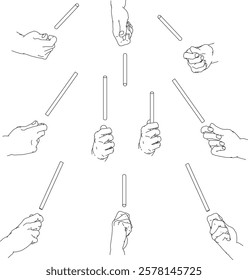 A set of hand illustrations. Black and white vector illustrations.