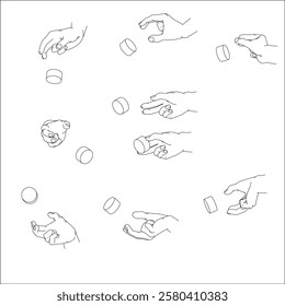 A set of hand illustrations. Black and white vector illustrations.