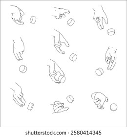 A set of hand illustrations. Black and white vector illustrations.