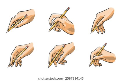 A set of hand illustrations in a fully colored style, depicting various writing poses while holding a pencil. Ideal for educational materials, artistic projects, and digital content.