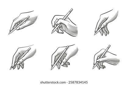 A set of hand illustrations in line art style with shading, depicting various writing poses while holding a pencil. Perfect for educational materials, artistic projects, and digital content.