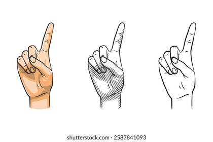 A set of hand illustrations showing the number one gesture in three styles: clean line art, shaded line art, and fully colored.