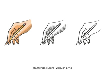 A set of hand illustrations in three styles: line art, shaded line art, and fully colored. Each illustration depicts a natural writing pose while holding a pencil.