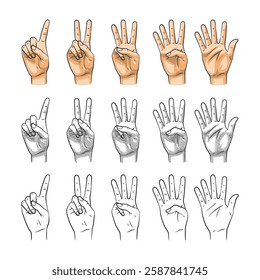 A set of hand illustrations in three styles: line art, shaded line art, and fully colored. Each illustration depicts a natural writing pose while holding a pencil.