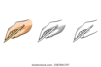 A set of hand illustrations in three styles: line art, shaded line art, and fully colored. Each illustration depicts a natural writing pose while holding a pencil.