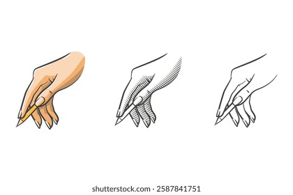 A set of hand illustrations in three styles: line art, shaded line art, and fully colored. Each illustration depicts a natural writing pose while holding a pencil.
