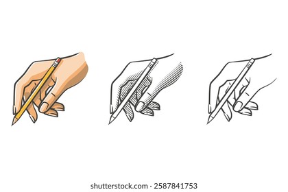 A set of hand illustrations in three styles: line art, shaded line art, and fully colored. Each illustration depicts a natural writing pose while holding a pencil.