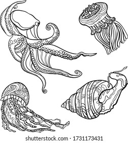 Set of hand jellyfish and octopus.  Сollection of isolated marine fauna. Sketch style. Vector illustration. The inhabitants of the ocean and the sea.