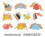 Set of hand knits. Handmade. Yarn, knitting needles. Vector flat linear illustration isolated on white