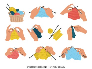 Set of hand knits. Handmade. Yarn, knitting needles. Vector flat linear illustration isolated on white