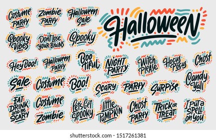 Set of hand lettered Halloween phrases. Spooky autumn quotes. Party lettering, calligraphy. Fall vector illustrations. Vector illustration