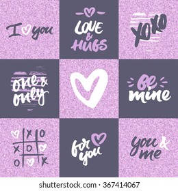 Set of hand lettered love cards  for Valentine's Day or wedding design. Hand brush lettering and hand painted hearts. Modern calligraphic design in pink, violet and grey colors.