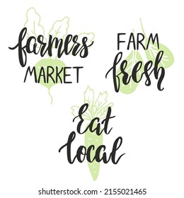 Juego de citas con letras a mano. Mercado de agricultores, local