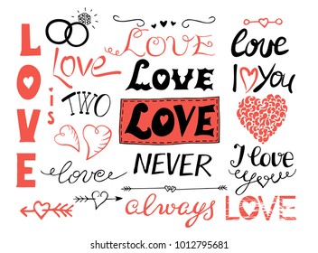 Set with hand lettering about LOVE with rings, hearts and arrows.Valentine s day. Gift wrapping. Wedding.