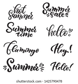 Set of hand lettering about summer. Hello summer, hot summer, hello, summer time. Lettering for cards, posters