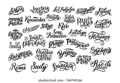 Set of hand lettering. Biggest cities in the world. Kiev, Almaty, London, Lisbon, Paris, Tokyo, Moscow, New York, Buenos Aires, Rome, Sydney, Barcelona